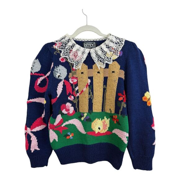 Berek Hand Knit Sweater Sz Petite Lace Collar Vtg 80s Wishing Well Flowers Cat - Picture 1 of 11